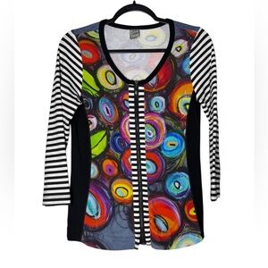 Simply Art Dolcezza Art Print Zip Front Top Sz XS Striped Sleeve Abstract Artsy